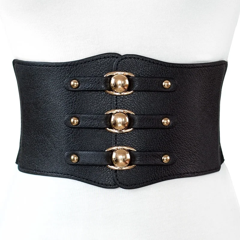 Fashion Women Wide Belt New Metal Buckle Elastic Waistband Leather Rivet Ultra Wide Belt