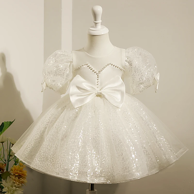 

White Exquisite Beading Bow Performance Dress Girl Kids First Communion Gown Shiny Sequin Tulle Vestidos Wedding Party Wear