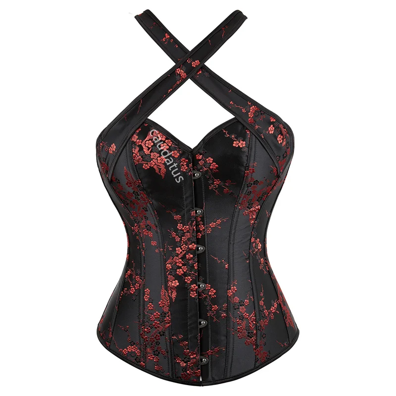 Red Corset Top Bustier Halter Strap Embroidery Flower Plus Size Overbust Burlesque Sexy Lingerie Women Black DropShipping