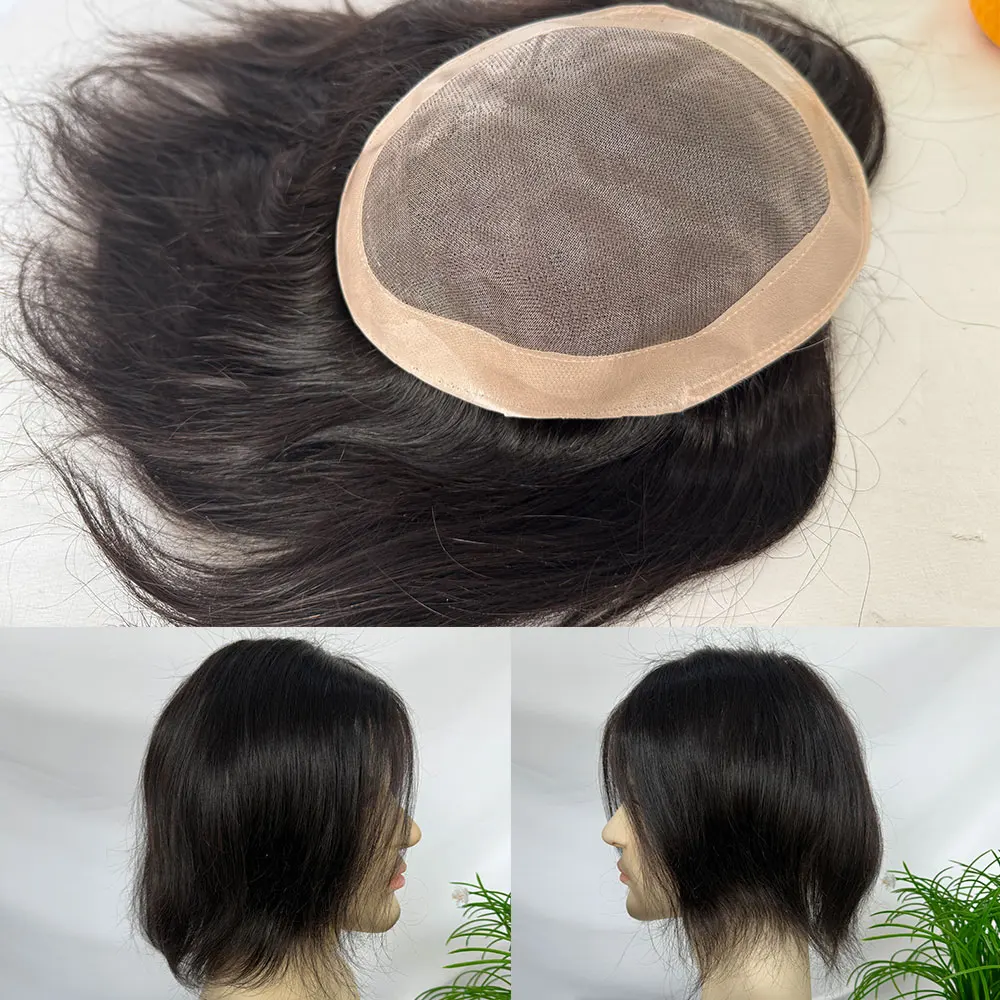 

Men's Toupee 6X8''100% European Human Hair Piece Fine Mono Lace with PU Hair System Hairpiece Long Toupee For Men 9inch Wigs Men