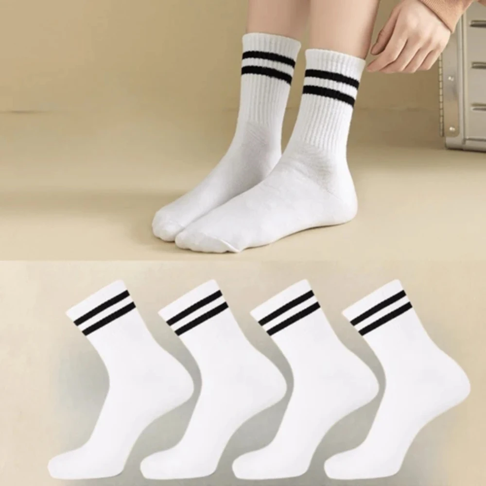 4 Pairs Versatile Women's Socks Simplicity Parallel Bar Pattern Fashion Breathable Autumn Mid Length Socks