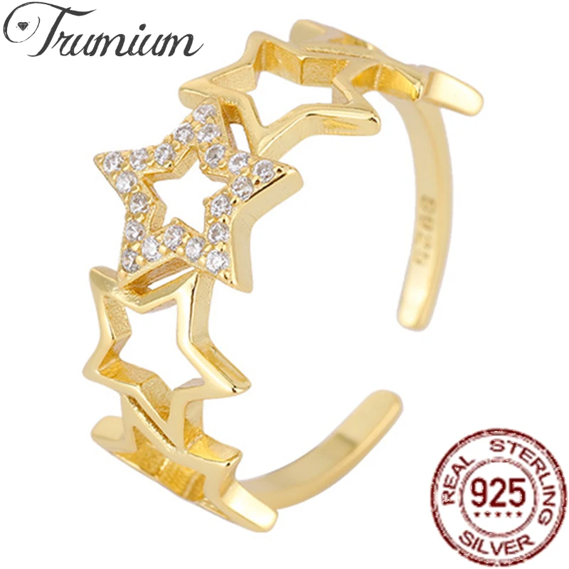

Trumium 925 Sterling Silver Star Dazzling Open Finger Rings For Women Adjustable Zircon Ring Girls Engagement Party Jewelry Gift