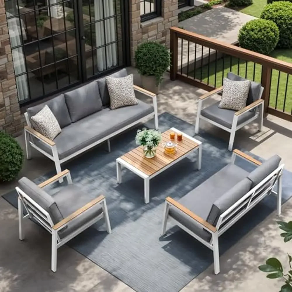 Outdoor 5-Piece Aluminum Conversation Set with Teak Table & Cushion Patio Furniture Sectional Garden Poolside and Backyard 6