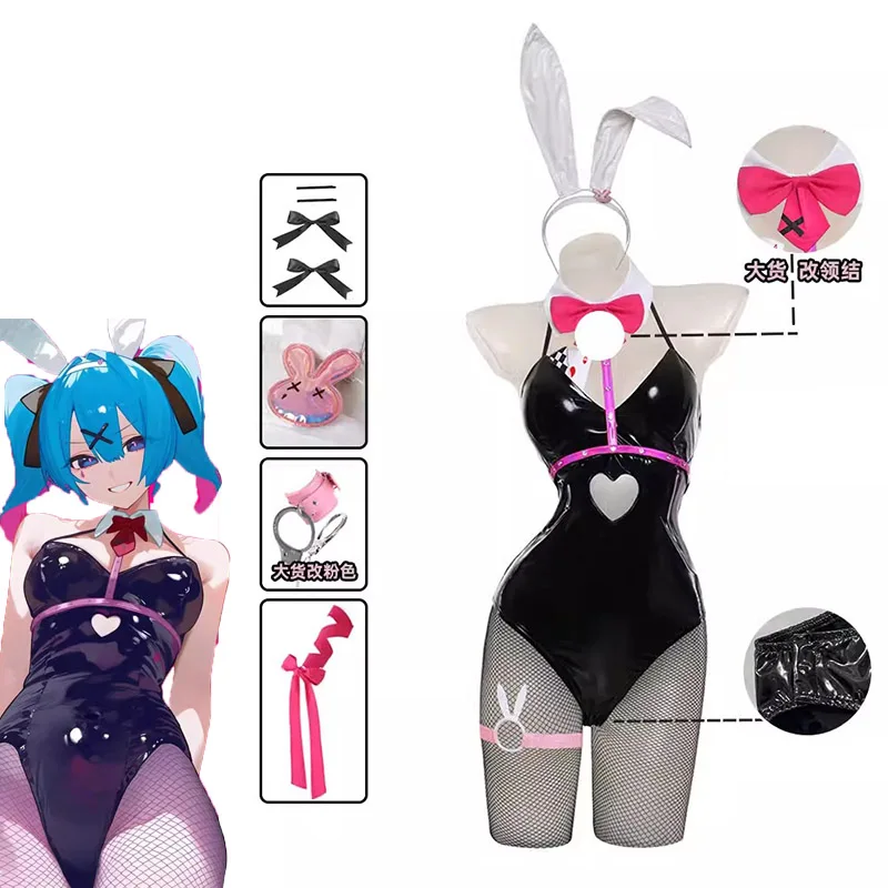 

Аниме Мику кролик косплей с дырками черный кожаный кролик девушка сексуальный милый костюм на Хэллоуин Косплей головные уборы одежда банты женский парик