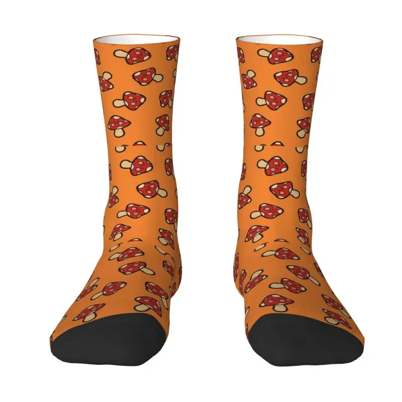 

Funny Printed Happy Mushroom Pattern On Orange Socks for Women Men Stretch Summer Autumn Winter Crew Socks