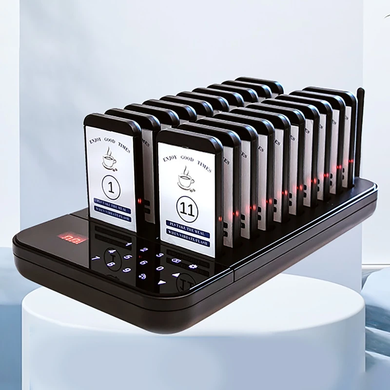 

Restaurant Calling Pager System 1Transmitter with 16/20 Pager Queue Call Pager System Vibration Buzzer for Food Truck Bar Coffee