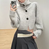 Pull à col roulé rayé gris pour femme, cardigan vintage, haut à manches longues, bouton en tricot, mode coréenne, automne, 2025 2