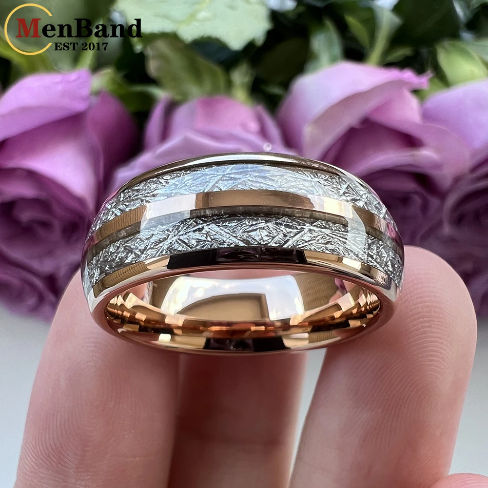 MenBand Fashion Gold Color 8MM Men Women Tungsten Wedding Band Ring With Double Groove White Meteorite Inlay Comfort Fit