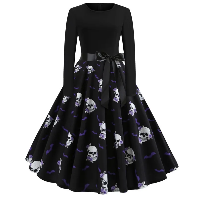 2025 Winter Gothic Halloween Christmas Costume Women Robe Pinup Vintage  Long Sleeve Cosplay Party Dresses Disfraz Mujer Print - AliExpress 200000532