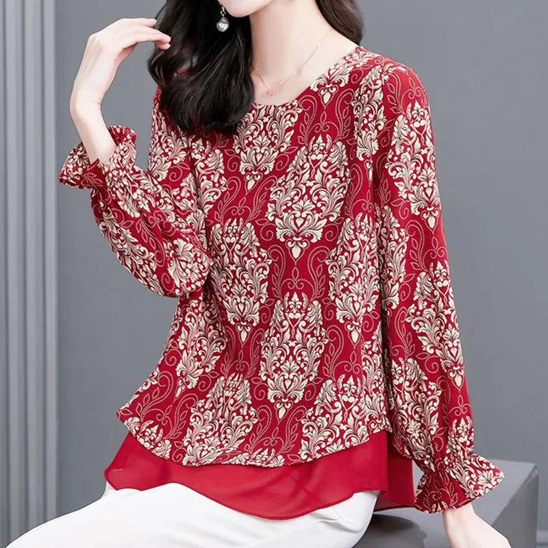Vintage Printing Patchwork Chiffon Shirt Spring Autumn 2023 New O-Neck Long Flare Sleeve Loose Pullovers Blouse Ladies Clothing