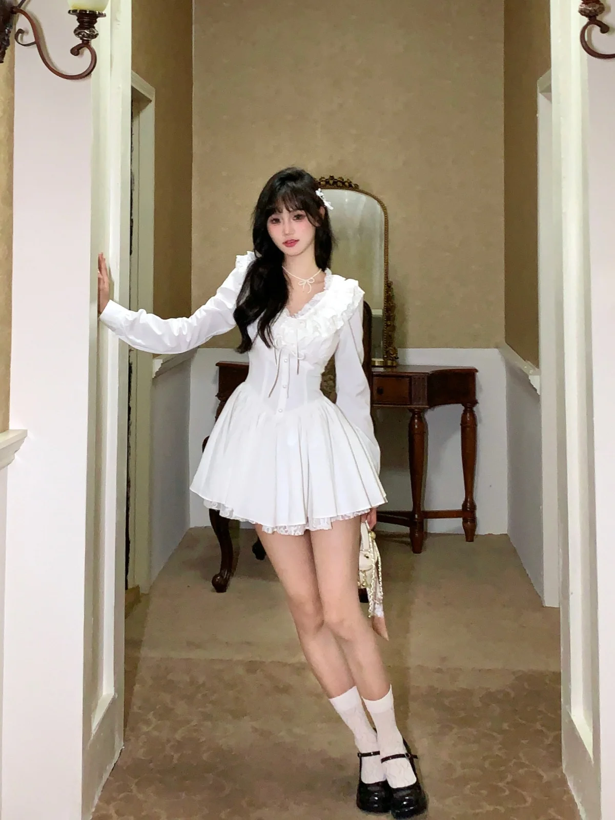 Elegant White Short Dresses for Women Lace Ruffles V-neck A-line Birthday Party Dress Korean Korean Y2K One Piece Mini Vestido