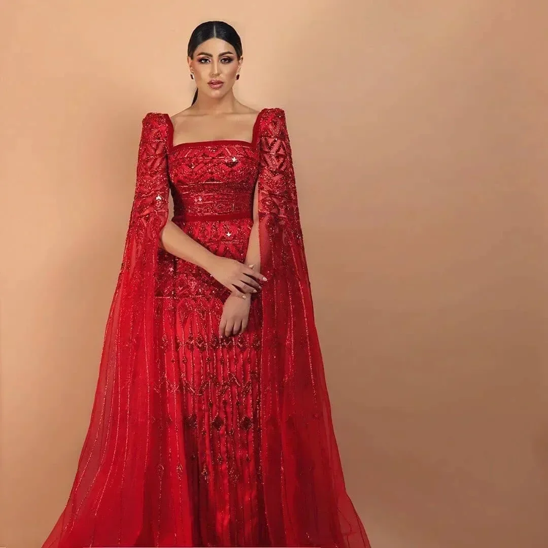 

Luxury Wine Red Arabic Burgundy Evening Dress with Cape Sleeves 2024 Elegant Dubai Women Wedding Party Exquisite High quality