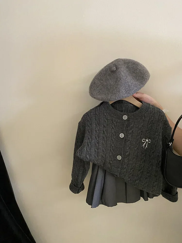 Kids Sweater Kids Coat Sweaters Girl Bow Knitting Cardigan Loose Coat Autumn Pleated Skirt Childrens Clothing Sweet Striped