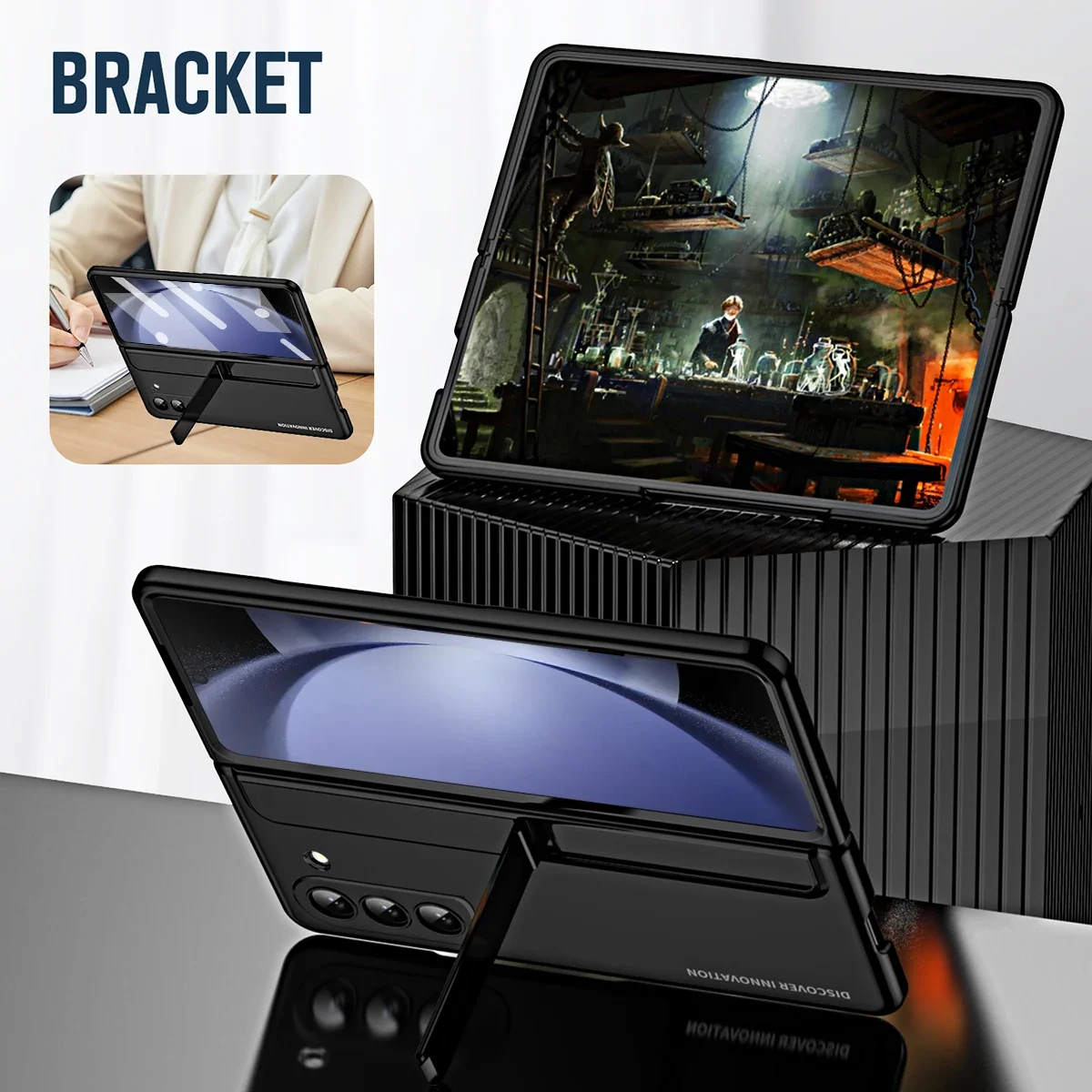 Case For Samsung Galaxy Z Fold 5 4 5G With Front Screen Protector Glass Detachable Pen Slot Holder Bracket Plating Plastic Cover