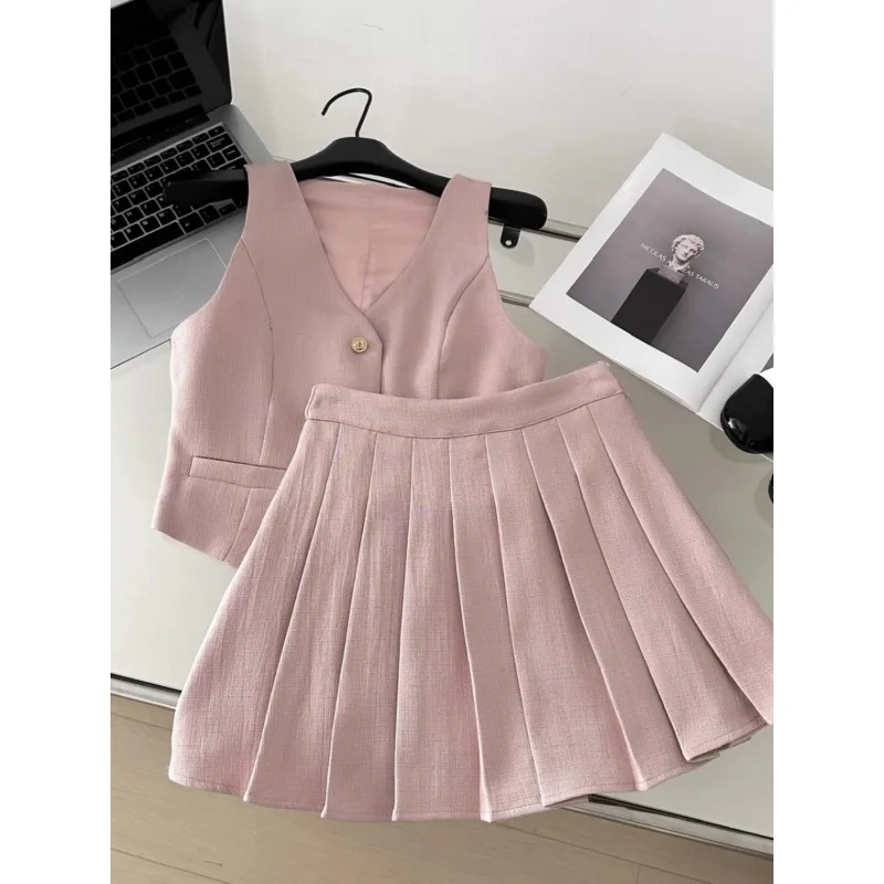 2024 French Suit Dress Vintage Vest + High Waist Pleated Skirt Two Piece Women Summer Suits