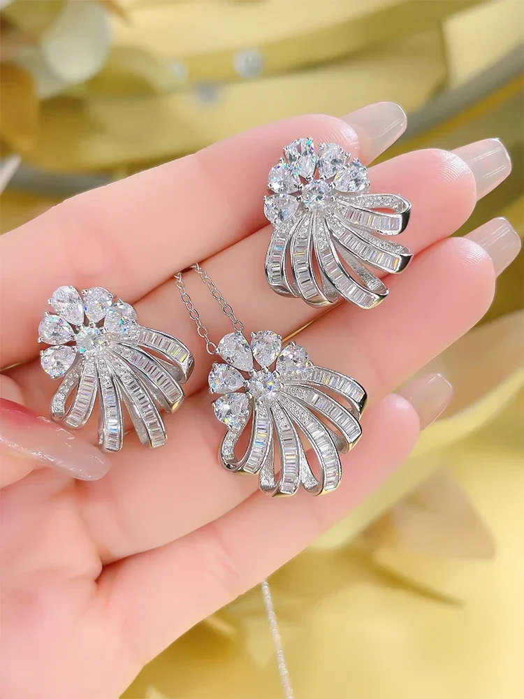 New 3D Flower S925 Silver Ear Stud High Carbon Diamond Atmospheric Fireworks Earrings Wedding Jewelry