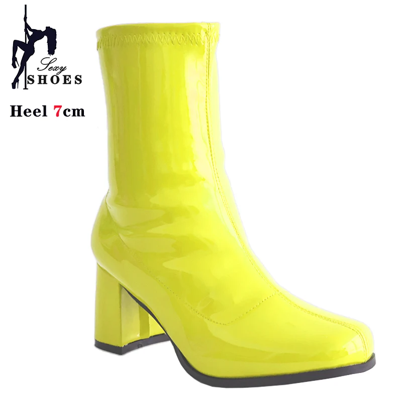 New 7cm High-heeled Cross Dressing Shoes Gogo Boots 60s 70s Square Heel Ankle Boots Sexy Round Toe Leather Zip Women Short Boots