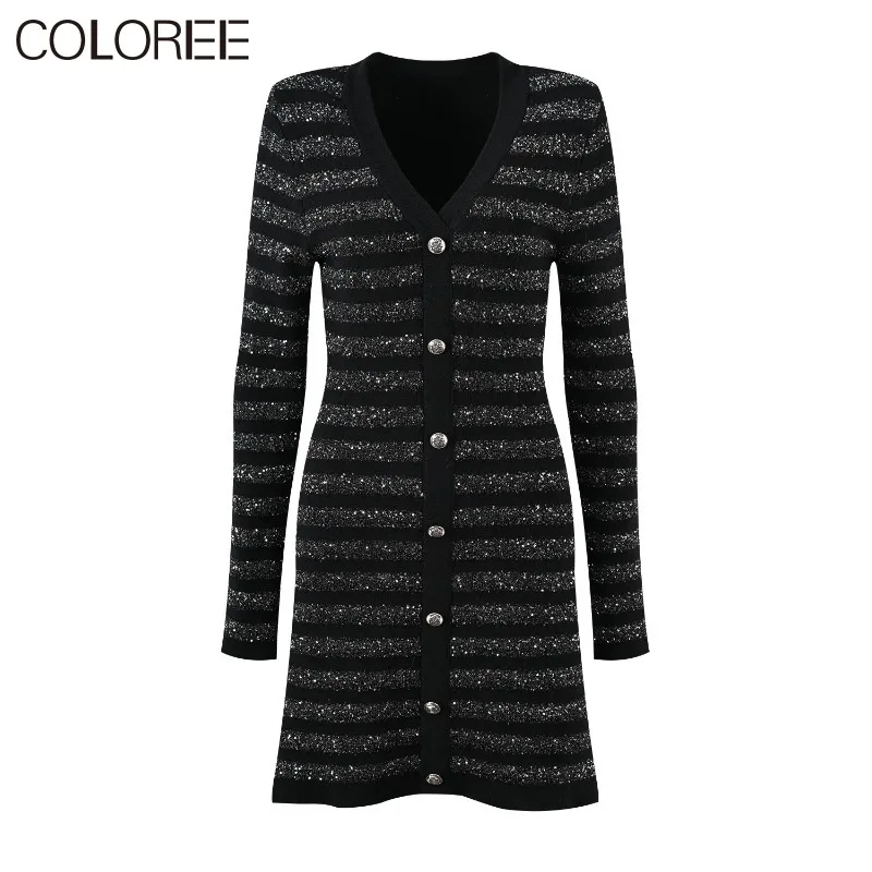 

Luxury Sequined Knitted Sweater Dress Women 2023 Autumn Winter Elegant V-neck Long Sleeve Striped Dresses Korean Fashion Clothes