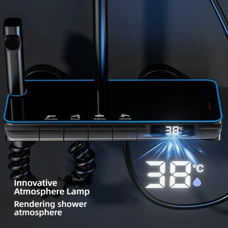 Temperature Digital Display Shower Set Faucet Bathroom Wall Mounted 4 Ways Water Outlet Rainlfall Hot Cold Shower Faucet System