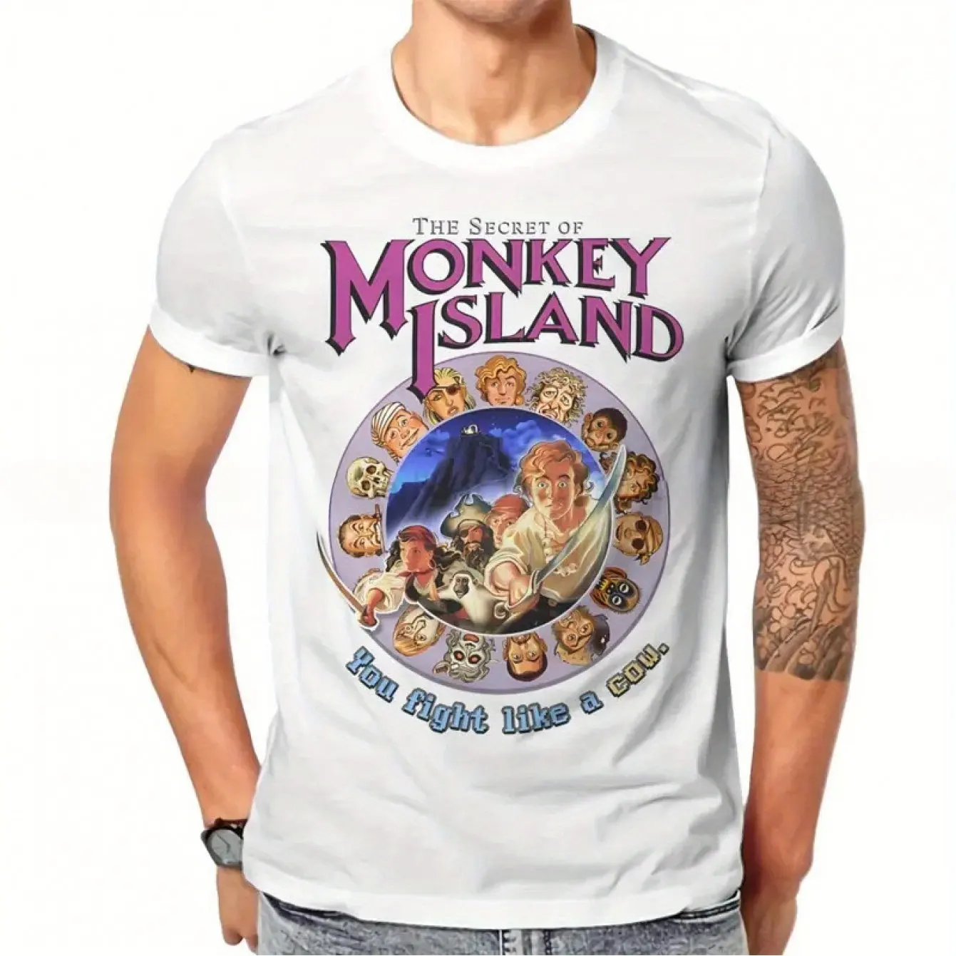 Men's Secret of Monkey Island Vintage Gaming T-Shirt Retro Monkey Island Graphic Tee with Monkey Island Logo Fight Like A Girl
