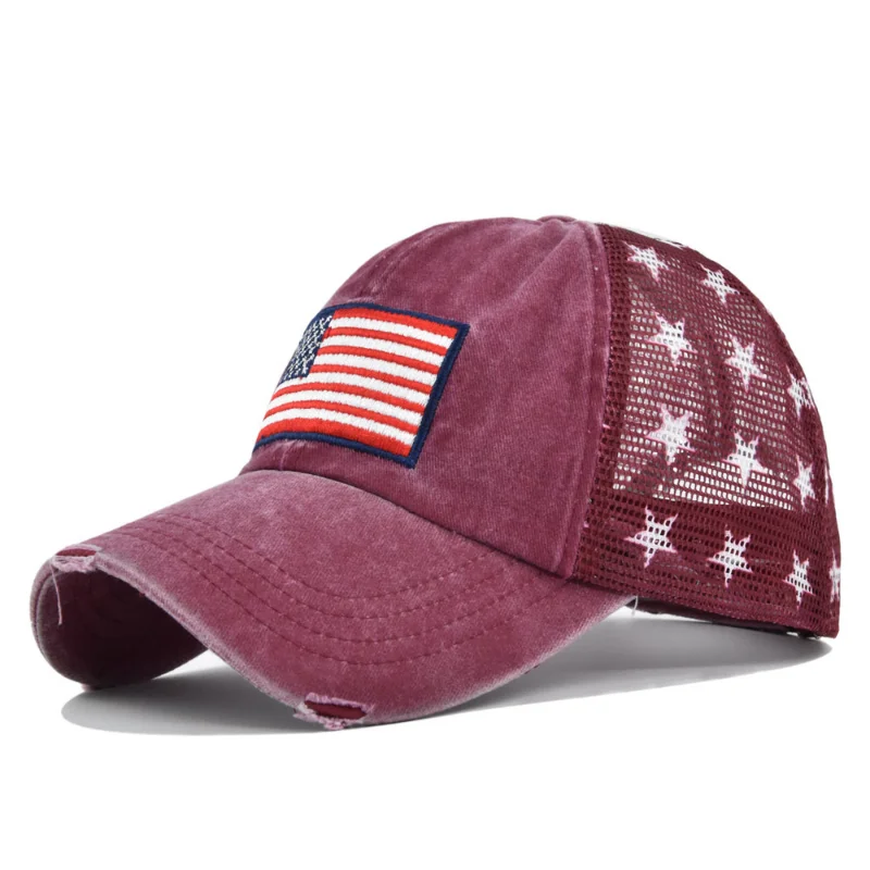 Star Print American Flag Embroidered Mesh Baseball Cap Washed Sun Protection Snapback For Women Men Sports Hiking Golf Dad Hat 5