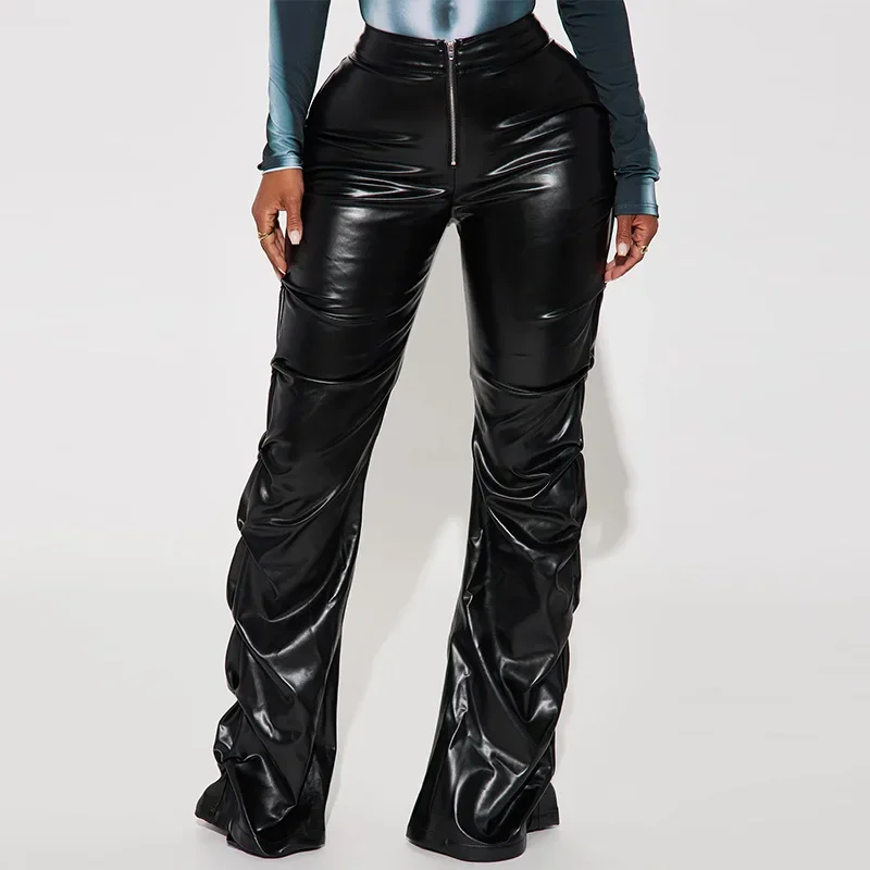 

Black PU Leather Women Stacked Pants Zip-Up High Waist Slim Pleated Tight Straight Trousers Casual All Match Bottoms Streetwear