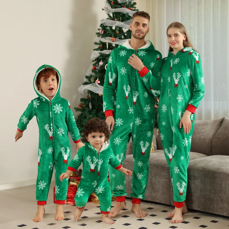 Family Christmas Flannel Pajamas Warm Thick Sleepwear Allover Print Parent-Child Matching Outfits Zipper Hooded Romper Xmas Look