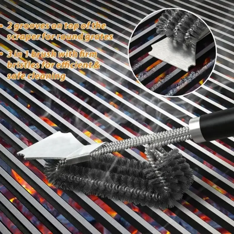 3-in-1 Grill Brush And Scraper Stainless Steel Bristle Free BBQ Cleaning Brush Grill Handle Wide Scraper Barbecue BBQ Tool
