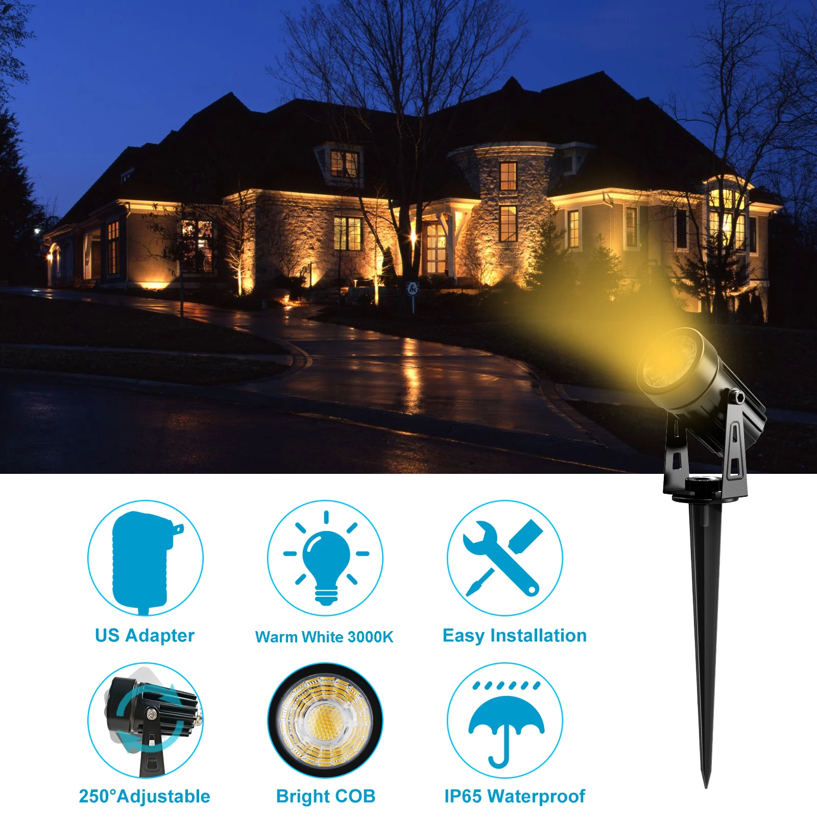 US Plug COB Super Bright Warm White Spotlight Led Garden Light Lawn Lamp Low Voltage Landscape Lighting IP65 Waterproof 3