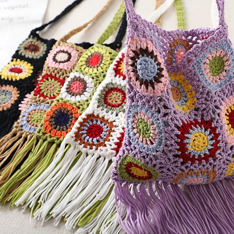 Granny Square Large Bucket Bag With Tassel Multicolor 