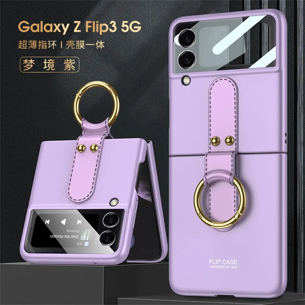 z flip3 case עבור Samsung Galaxy Z Flip 3 5G מקרה יוקרה דק טבעת Stand רצועת קשה כיסוי עדשת הגנה עבור Samsung ZFlip3 אבזרים galaxy z flip3 phone case