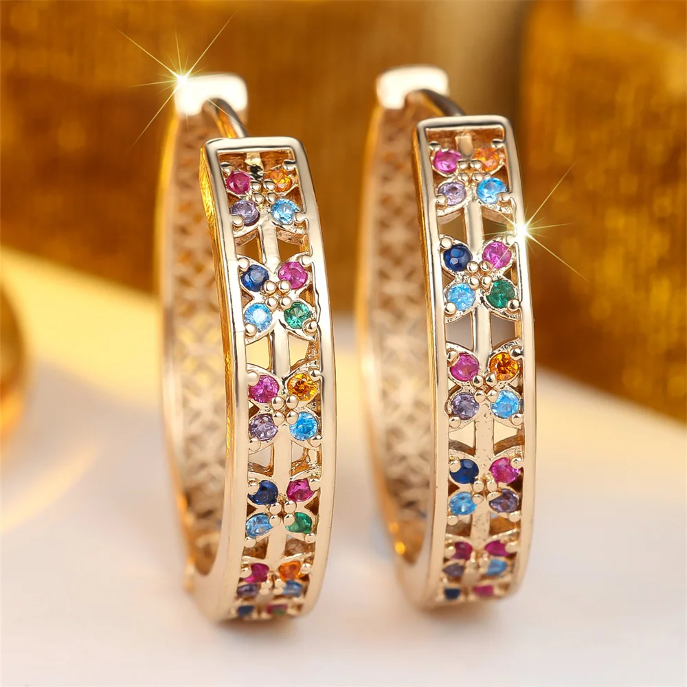 Multicolor Zircon Round Stone Small Flower Hoop Earrings For Women Vintage Gold Color Engagement Ear Buckle Wedding Jewelry Gift