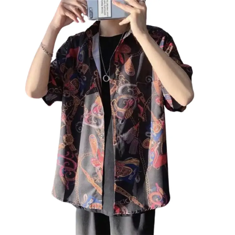 Elegant Fashion Harajuku Slim Fit Male Clothes Loose Casual Sport All Match Outerwear Square Neck Printed Short Sleeve Blusa