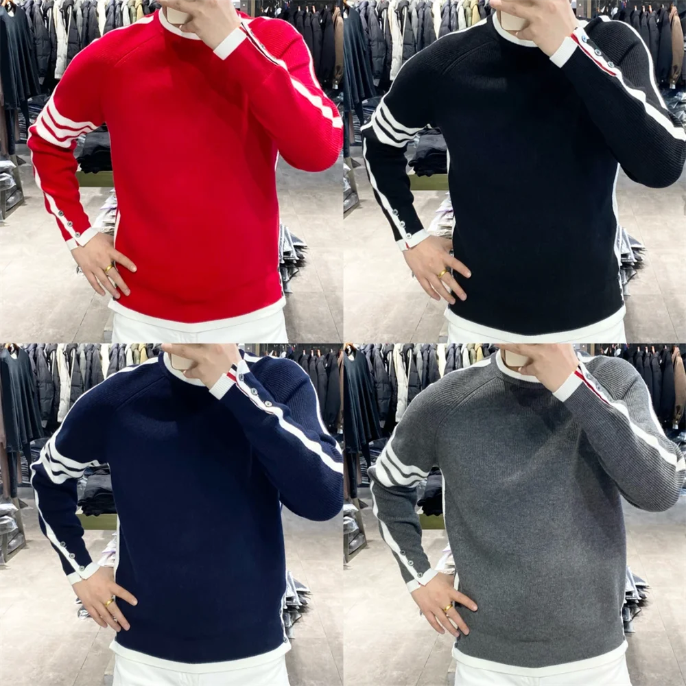유럽 스타일 니트 Topsweater 남자 2023 겨울 새로운 Fashionuniquetrendy 스트라이프 간단한 긴 소매 따뜻한 탑