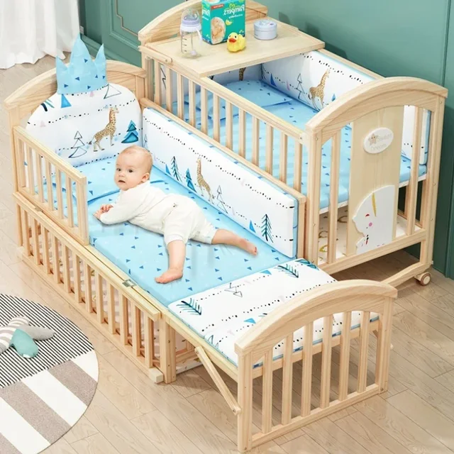 2025 New Height-adjustable Solid Wood Crib, Removable, with Diaper Changing Table and Mosquito Net, Multifunctional Crib 2