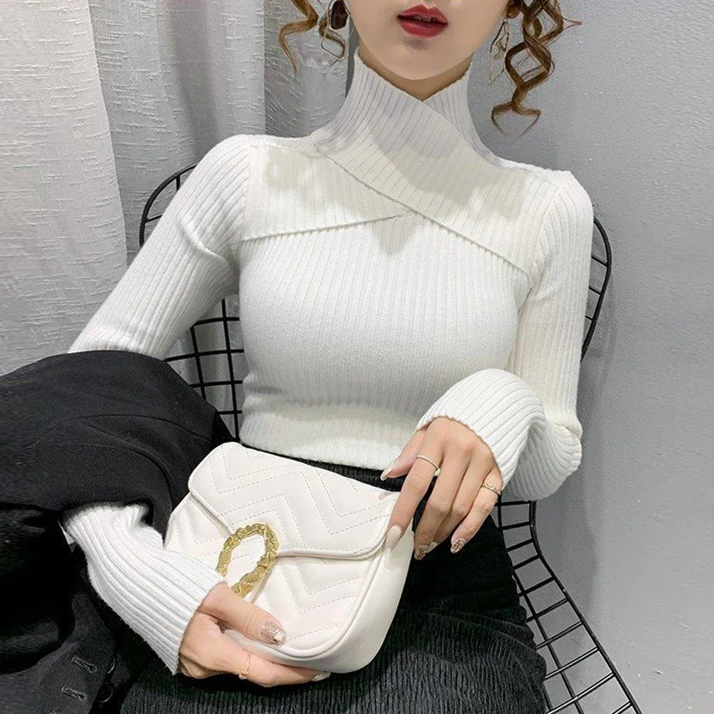 

Woman Black White Sweater T Shirt S-XL Long sleeved Blouse Women High Neck Knitted Shirt Womens Blouses Elegant X-G-Xinde