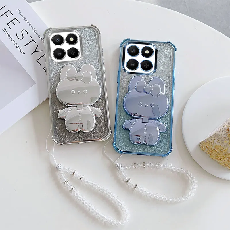 Luxury Shockproof Phone Case with Cute Rabbit Makeup Swivel Stand & Crystal Lanyard