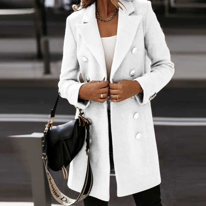 Autumn Winter Women Elegant Woolen Coat Lady Office Simple Solid Casual Double Breasted Turn-down Collar Female Long Woolen Coat