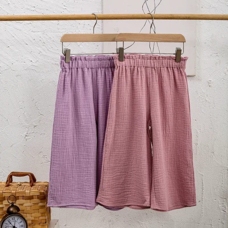 Summer New Girls Cool Loose Wide-Legged Pants Cotton Crepe Children's Daily Casual Elastic Waist Trousers