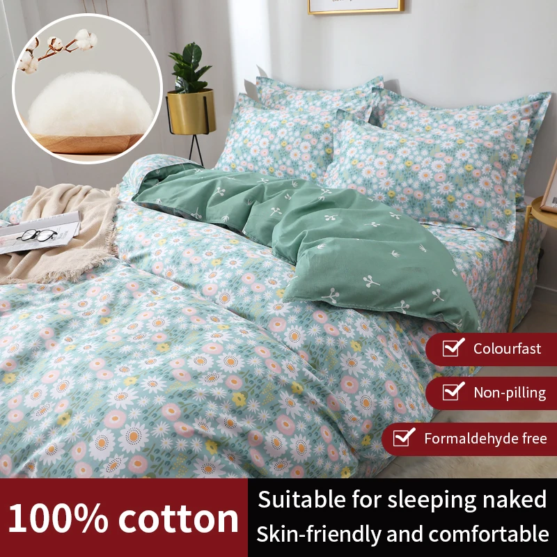 

100% Cotton Korean Style Small Fresh Floral Green Bedding Set,Duvet Cover 200x200 With Flowers,1 Duvet Cover,2 Pillowcase