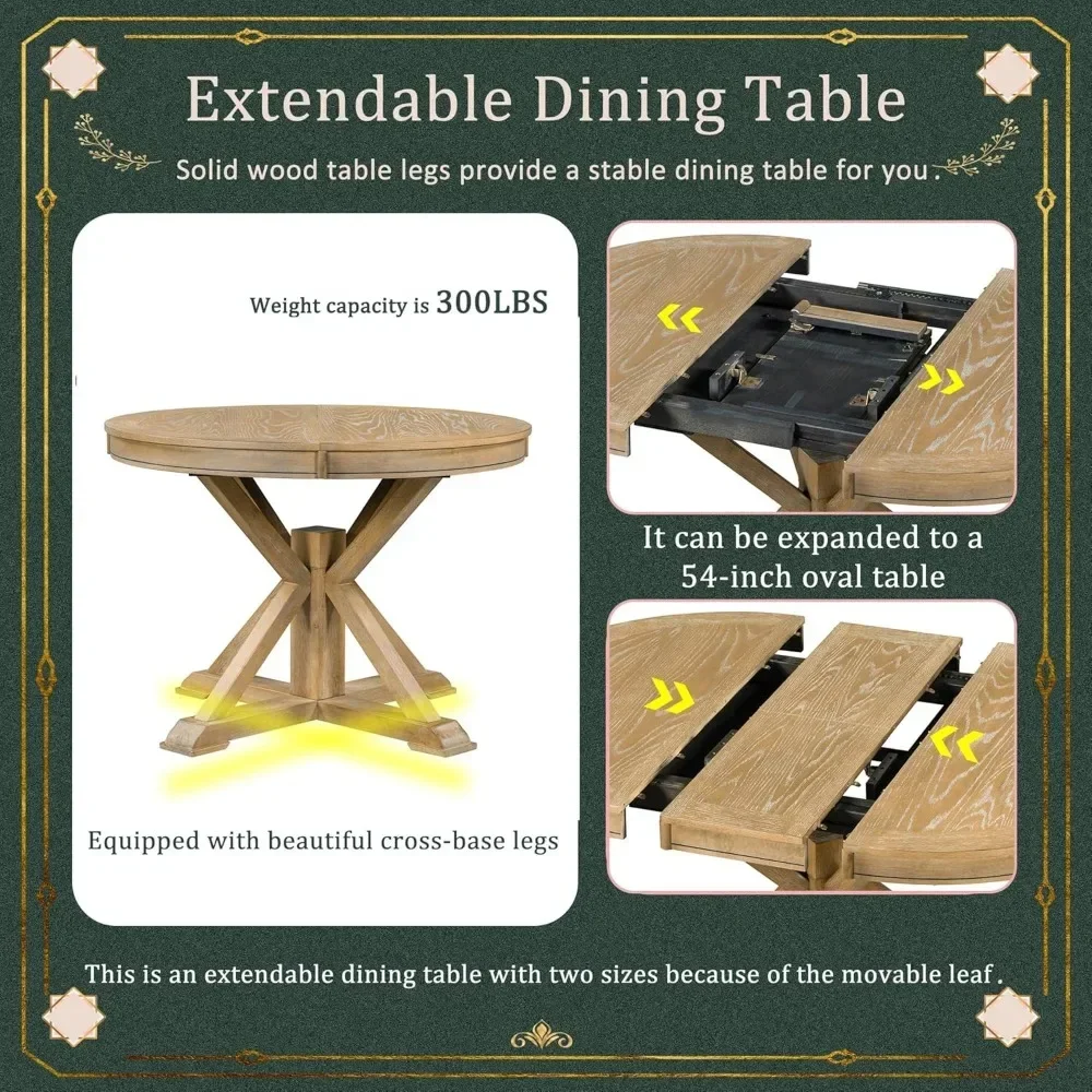 5 Piece Dining Table Set, Solid Wood Kitchen with Extendable Round Table and 4 Upholstered Chairs for Kitchen, Dining Room