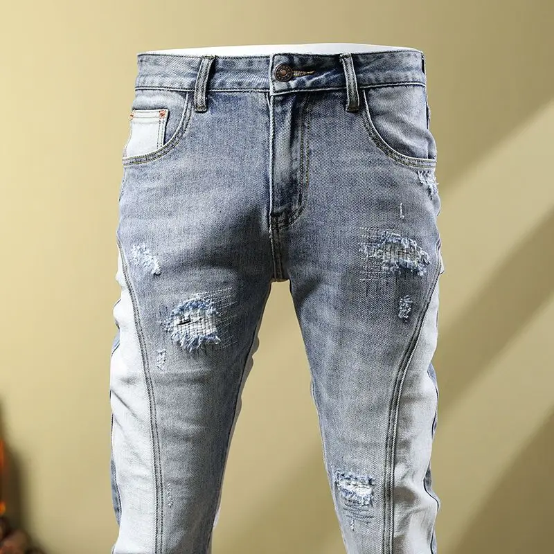Men\'s Jeans Social Fashion Men\'s Autumn Patch Splice Used Motorcycle Vintage Pants skinny Ripped jeans jeans men