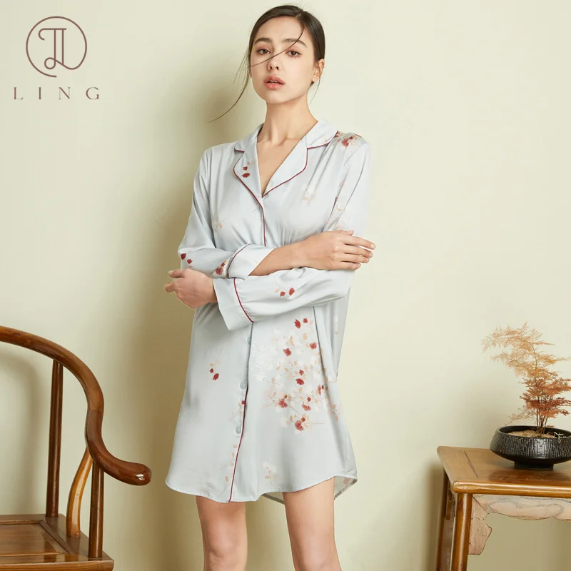 

Ling Turn Down Collar Silk Robe Pajamas Summer Thin Silk Women's Slip Dress Silk Sleepwear Dresse Sleepwear Robe Night Gowns