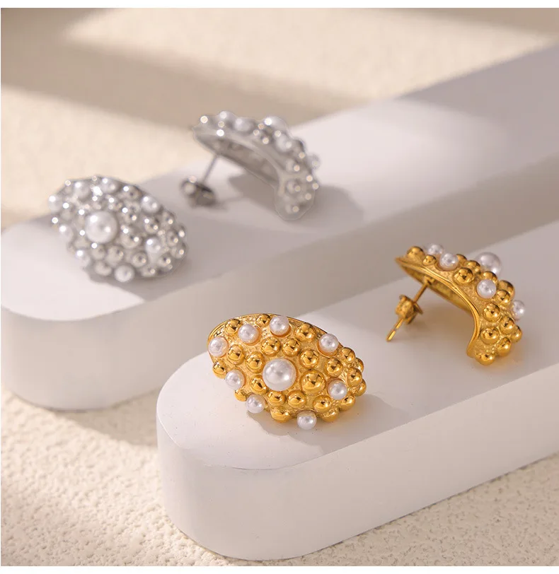 Modische Imitationsperlen-Ohrringe für Damen, Hochwertige Edelstahl-Kugel-Ohrstecker, Originelle Lustige Ohrschmuck für den Sommer, Farbecht – Detail 9
