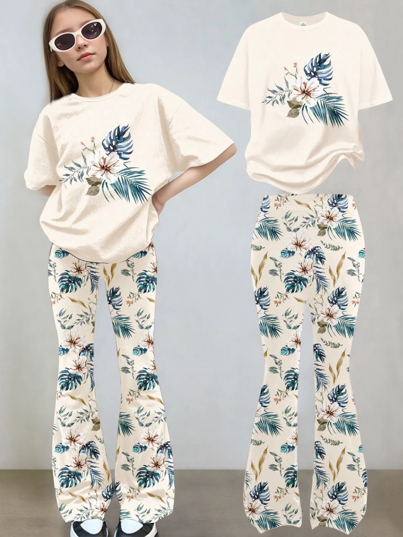 Girls' clothing set consisting of two pieces for spring/summer: short-sleeved T-shirt with playful print + wide-leg pants with flo...
