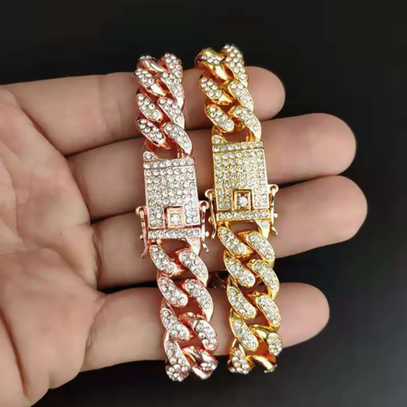Rhinestone Dog Chain Collar Metal Strong Gold Cuban Link Dog Necklace Luxury Stainless Steel Puppy Cat Chain Collar Dog Jewelry