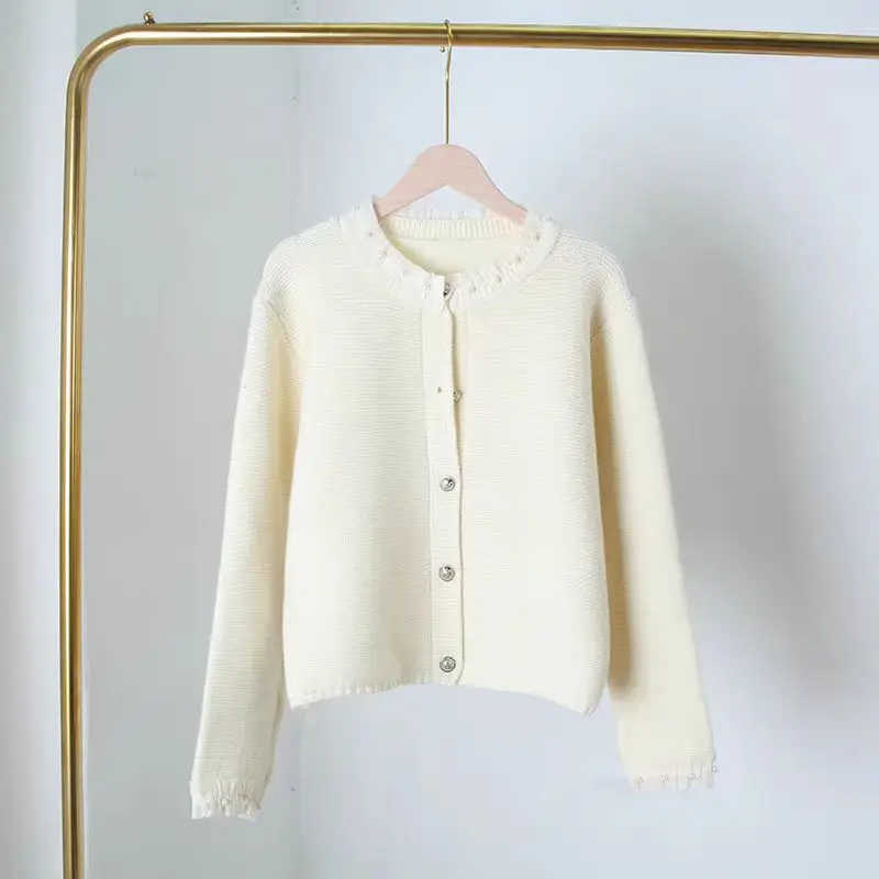 thumbnail image 1 of Suéter Sandros de primavera y otoño con cuello de perla y volantes plisados para mujer, cárdigan francés, cárdigan informal de moda para mujer 2024 nuevo, 1 of 4