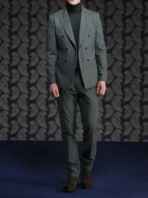 Smoking Grey Tweed Men Suit Double Breasted Formal Jacket Slim Fit 2 Piece Groom Tuxedo Elegant Prom Blazer Sets Terno Masculino