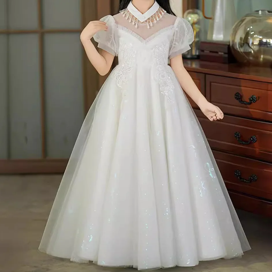 

Flower Girls Dresses Pearl Necklace Puff Sleeve Long Dress for Wedding Birthday Party Princess Dress Teen Girl Baptism Clothes