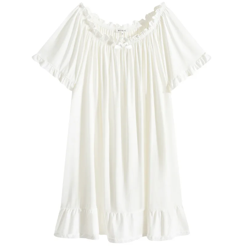 Summer Short Sleeves Round Neck Solid Nightdress Plus Size Cotton Loose Nightie Princess Sweet Bow Decoration Nightgowns Dresses